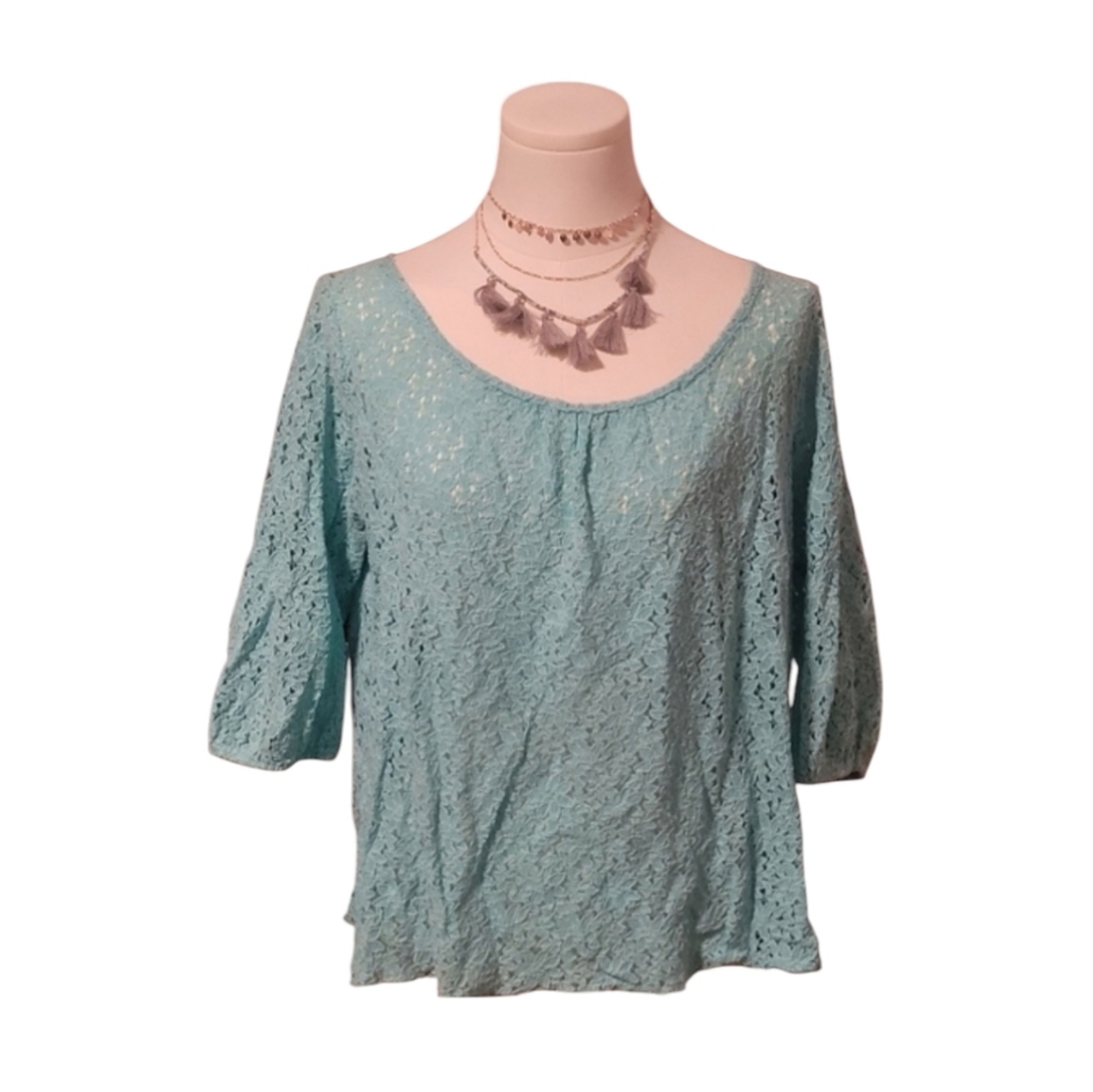 Y2K Vintage Topia Aqua Full Lace Flower Split Back See Through Blouse Size Large